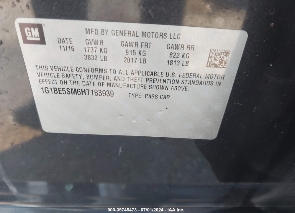 2017 CHEVROLET CRUZE LT AUTO VIN: 1G1BE5SM6H7183939