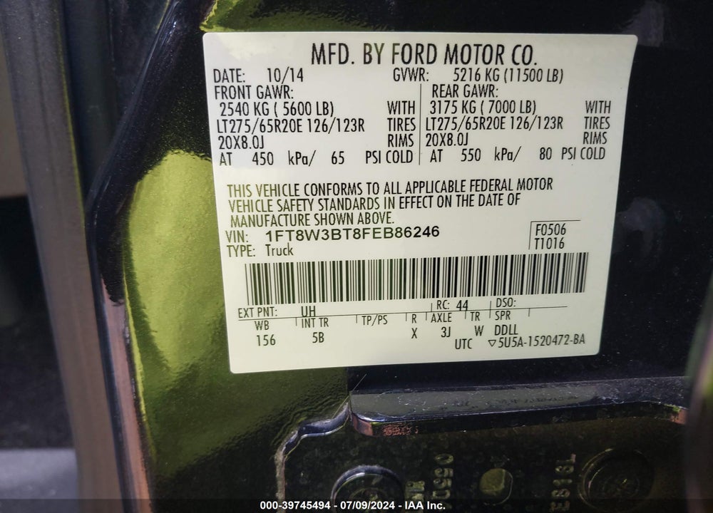 2015 FORD F-350 LARIAT VIN: 1FT8W3BT8FEB86246