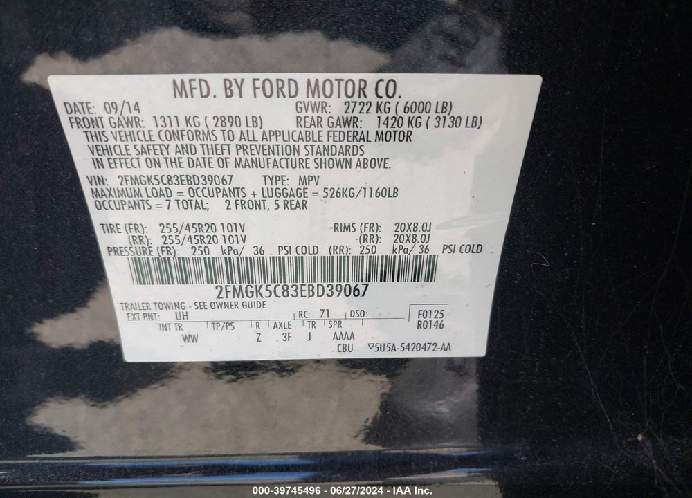 2014 FORD FLEX SEL VIN: 2FMGK5C83EBD39067