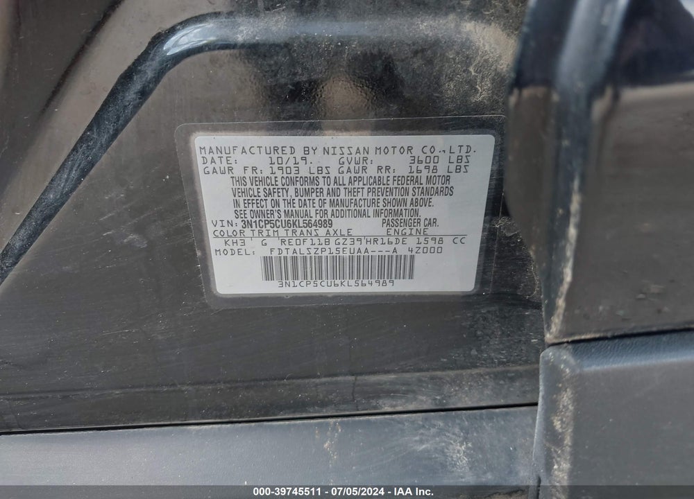 2019 NISSAN KICKS SV VIN: 3N1CP5CU6KL564989