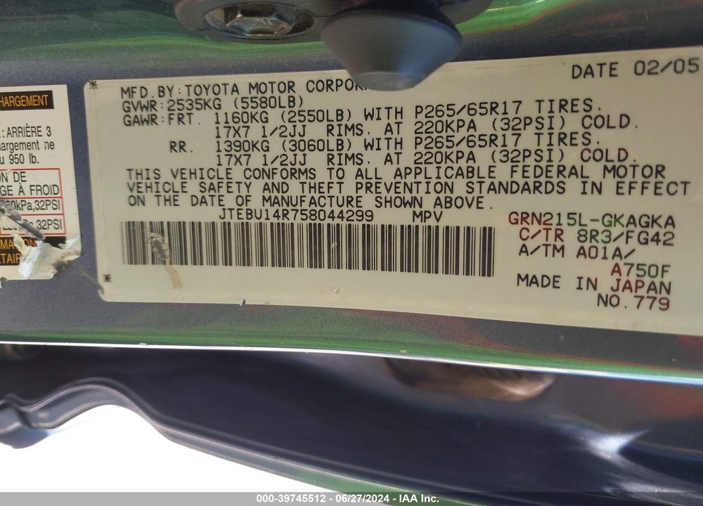 2005 TOYOTA 4RUNNER SR5 V6 VIN: JTEBU14R758044299