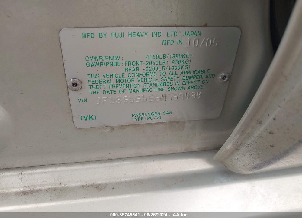 2006 SUBARU FORESTER 2.5X VIN: JF1SG65656H739434