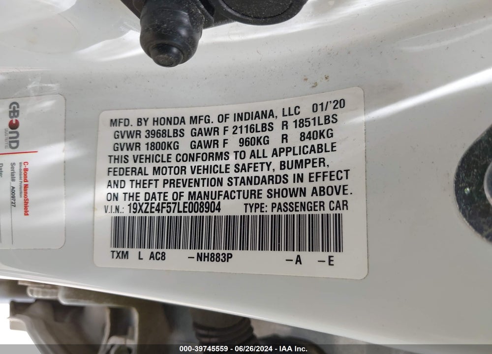 2020 HONDA INSIGHT EX VIN: 19XZE4F57LE008904