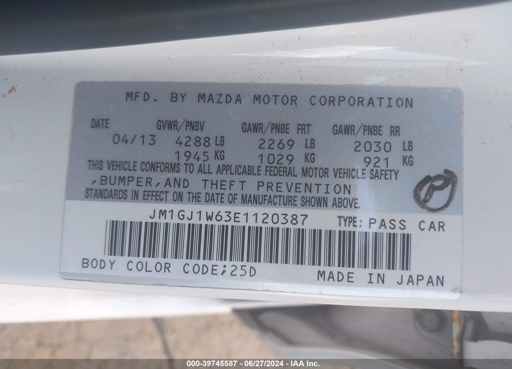 2014 MAZDA 6 I GRAND TOURING VIN: JM1GJ1W63E1120387