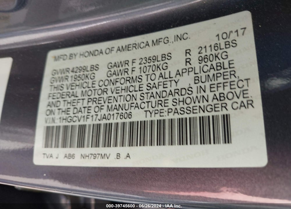 2018 HONDA ACCORD LX VIN: 1HGCV1F17JA017606