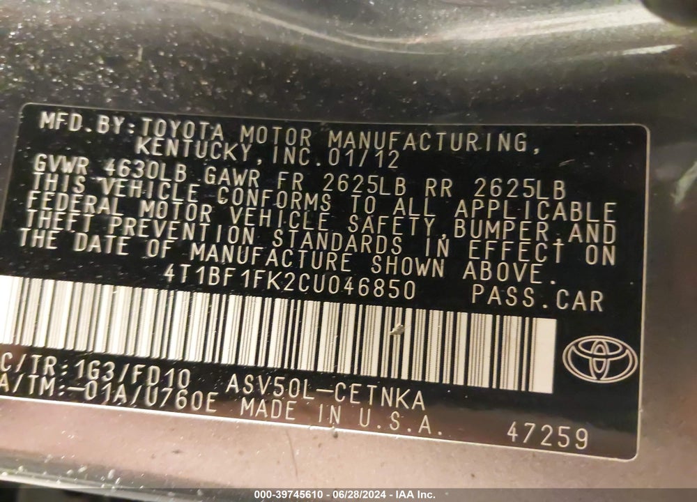 2012 TOYOTA CAMRY LE VIN: 4T1BF1FK2CU046850