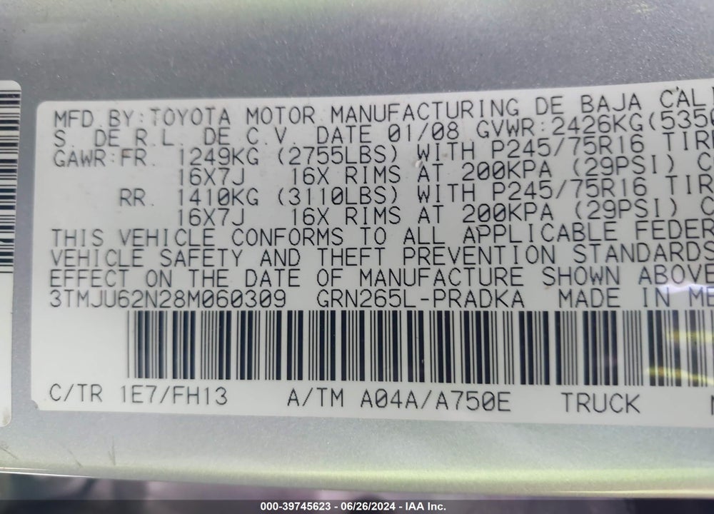 2008 TOYOTA TACOMA PRERUNNER V6 VIN: 3TMJU62N28M060309