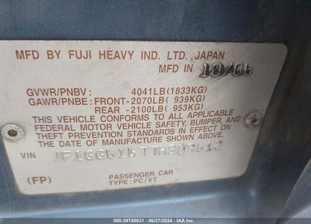 2007 SUBARU IMPREZA 2.5I VIN: JF1GG61677H809612
