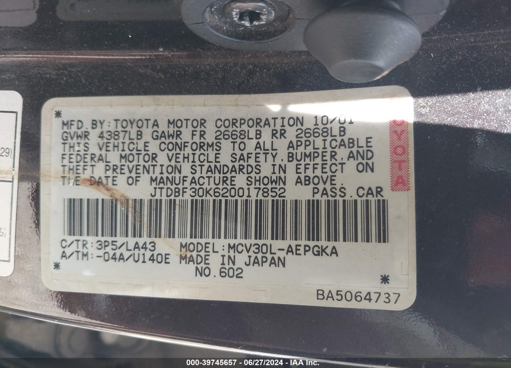 2002 TOYOTA CAMRY XLE V6 VIN: JTDBF30K620017852