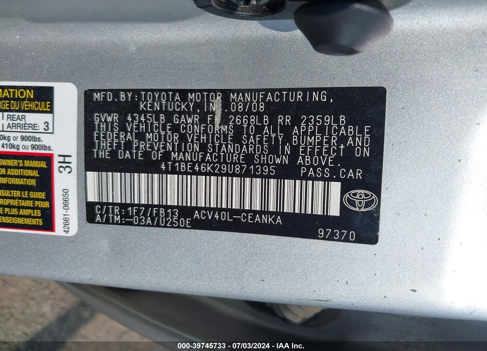 2009 TOYOTA CAMRY LE VIN: 4T1BE46K29U871395