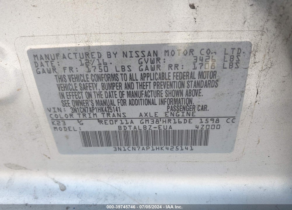 2017 NISSAN VERSA 1.6 SV VIN: 3N1CN7AP1HK425141