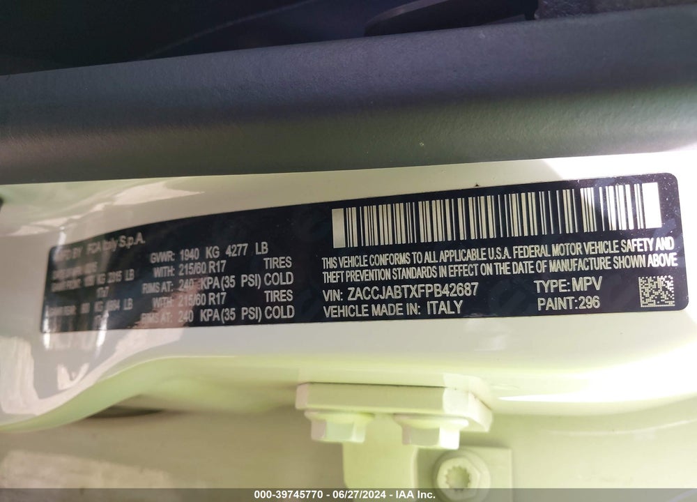 2015 JEEP RENEGADE LATITUDE VIN: ZACCJABTXFPB42687