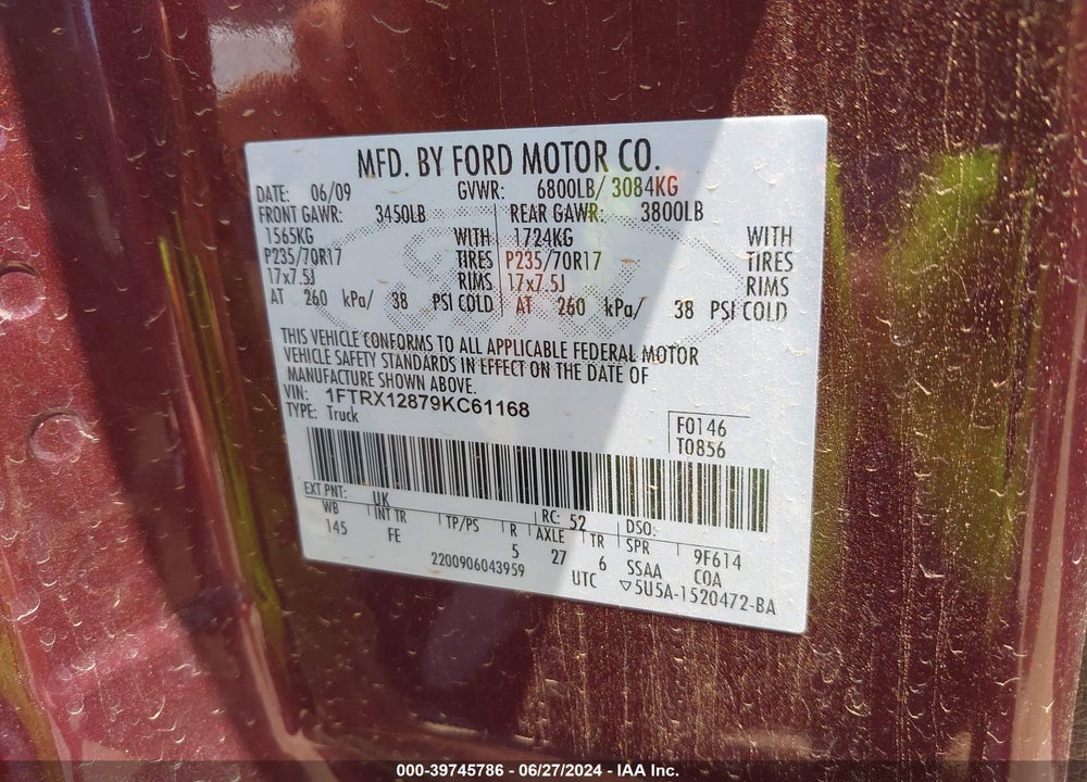 2009 FORD F-150 STX/XL/XLT VIN: 1FTRX12879KC61168