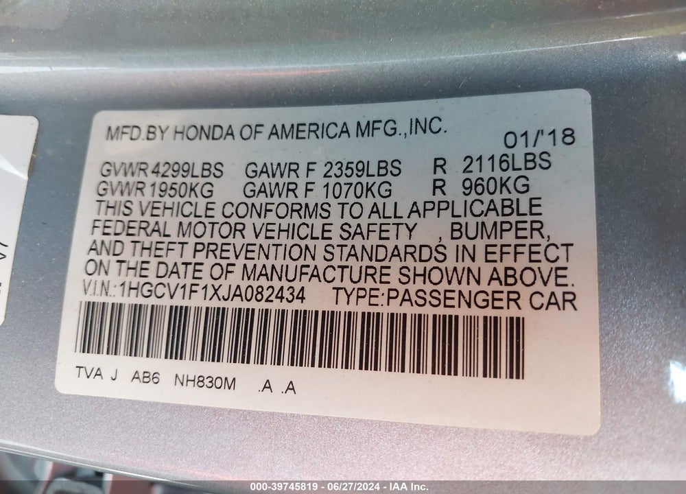 2018 HONDA ACCORD LX VIN: 1HGCV1F1XJA082434