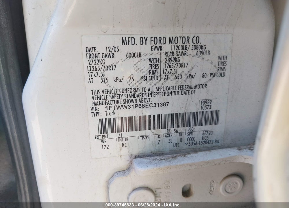 2006 FORD F-350 LARIAT/XL/XLT VIN: 1FTWW31P66EC31387