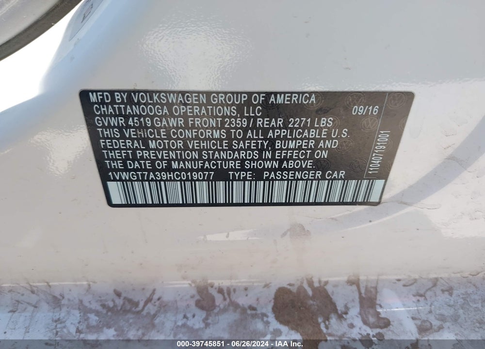 2017 VOLKSWAGEN PASSAT 1.8T SE VIN: 1VWGT7A39HC019077