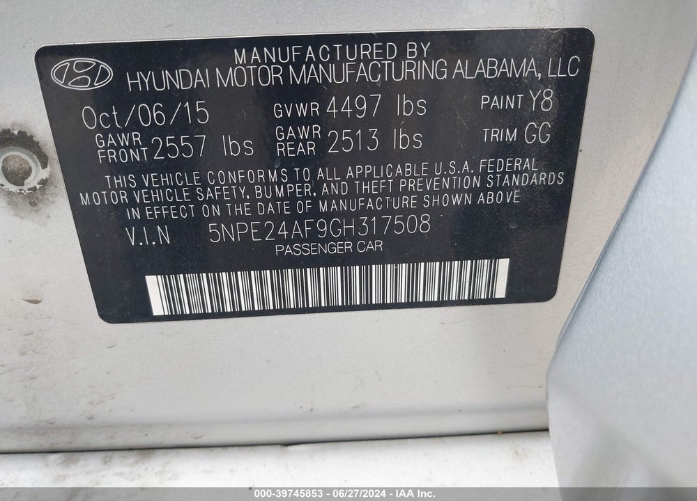 2016 HYUNDAI SONATA SE VIN: 5NPE24AF9GH317508