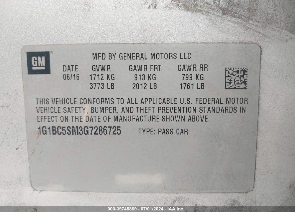 2016 CHEVROLET CRUZE LS AUTO VIN: 1G1BC5SM3G7286725