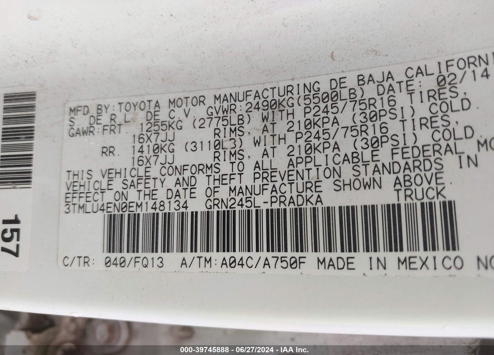 2014 TOYOTA TACOMA BASE V6 VIN: 3TMLU4EN0EM148134