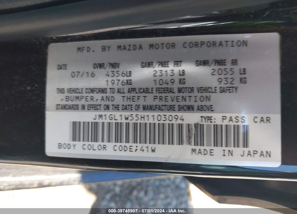 2017 MAZDA 6 GRAND TOURING VIN: JM1GL1W55H1103094