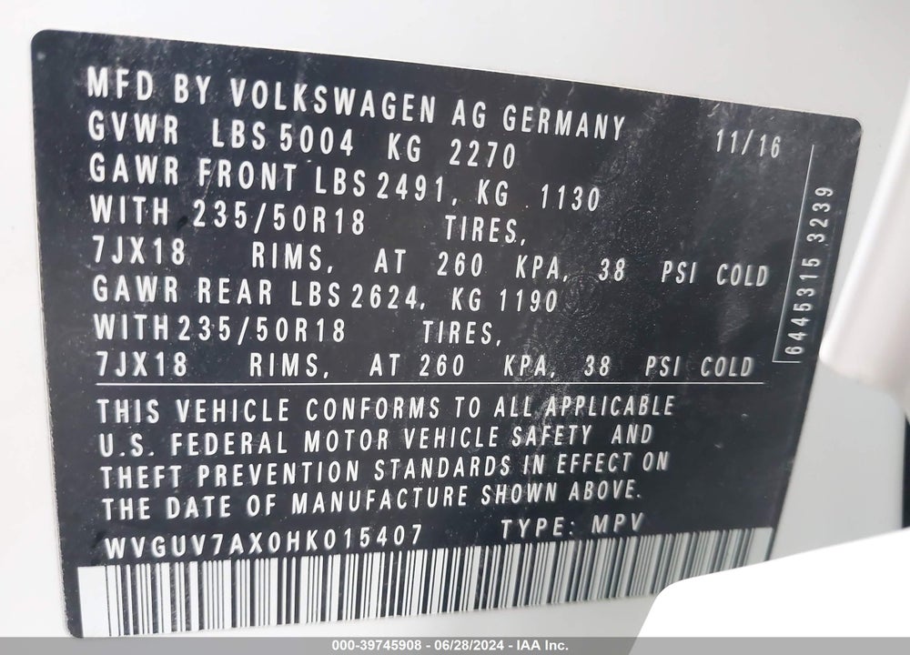2017 VOLKSWAGEN TIGUAN 2.0T SPORT VIN: WVGUV7AX0HK015407