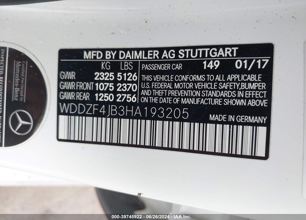 2017 MERCEDES-BENZ E 300 VIN: WDDZF4JB3HA193205