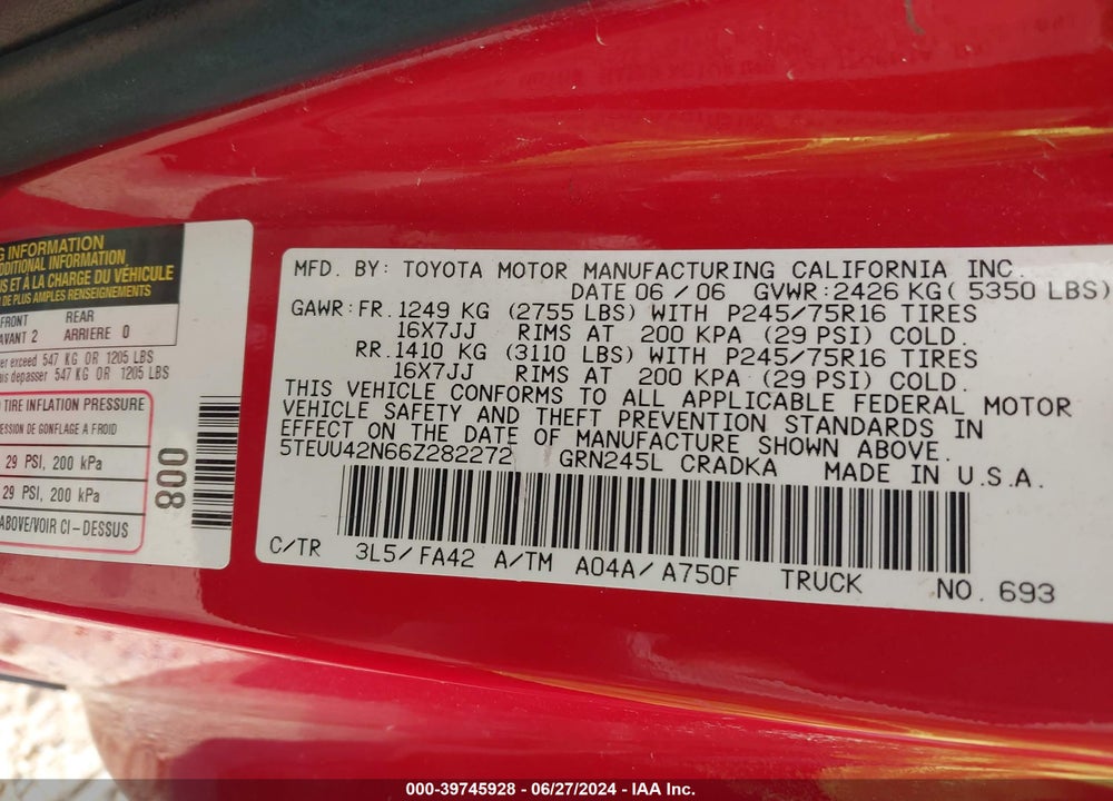 2006 TOYOTA TACOMA BASE V6 VIN: 5TEUU42N66Z282272