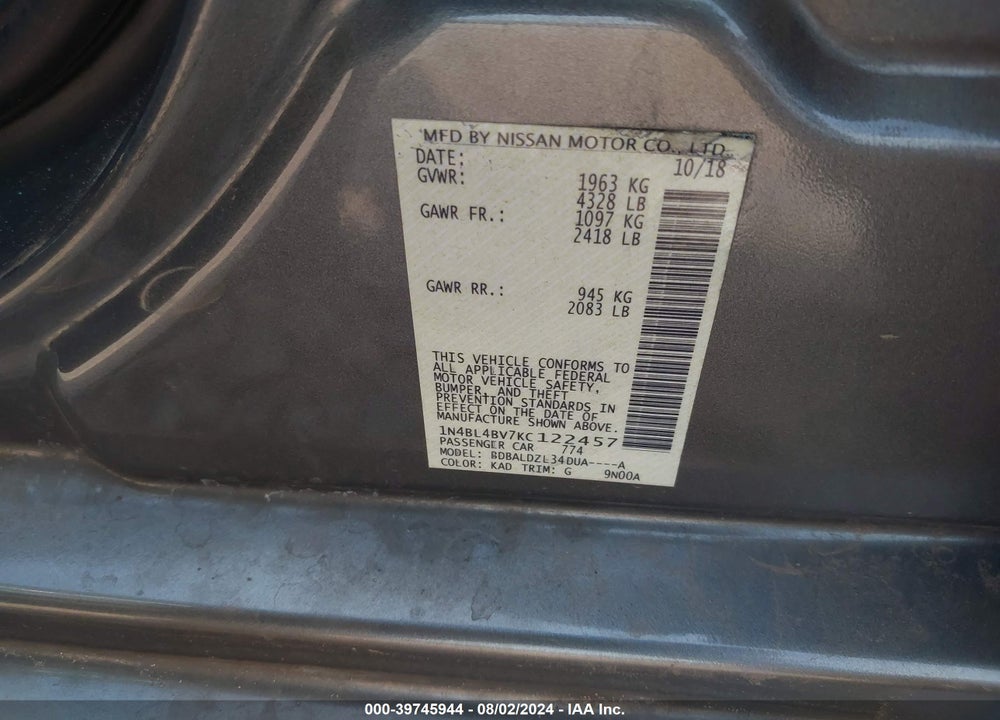 2019 NISSAN ALTIMA VIN: 1N4BL4BV7KC122457