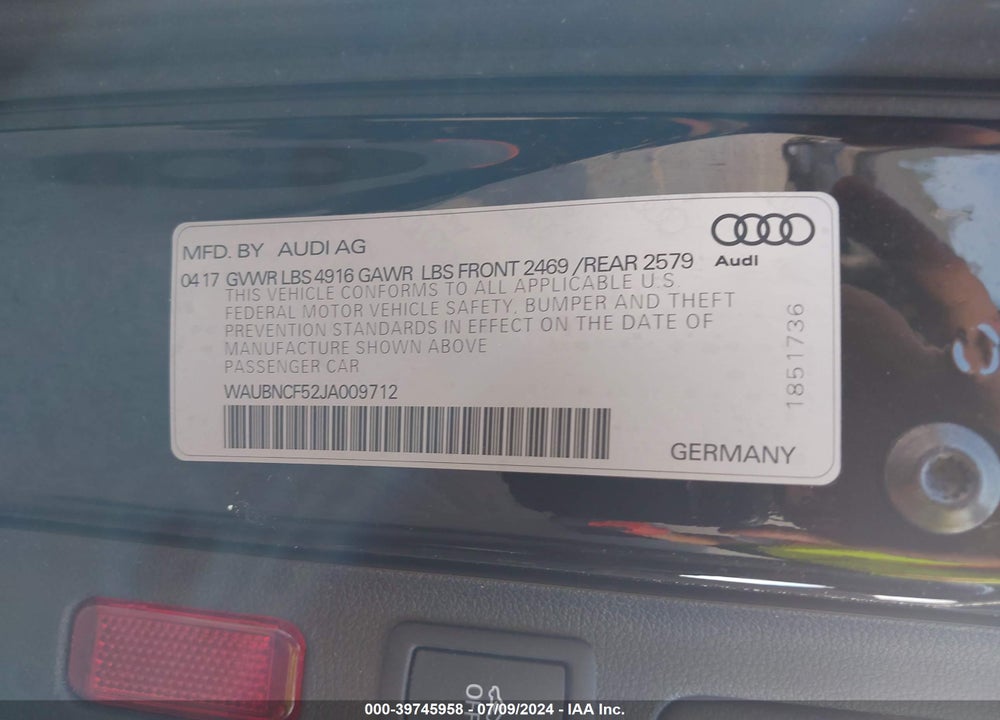 2018 AUDI A5 2.0T PREMIUM VIN: WAUBNCF52JA009712