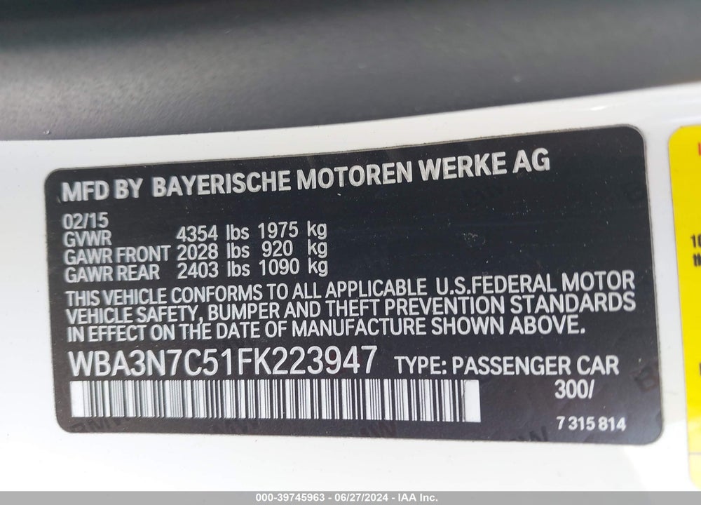 2015 BMW 428I VIN: WBA3N7C51FK223947