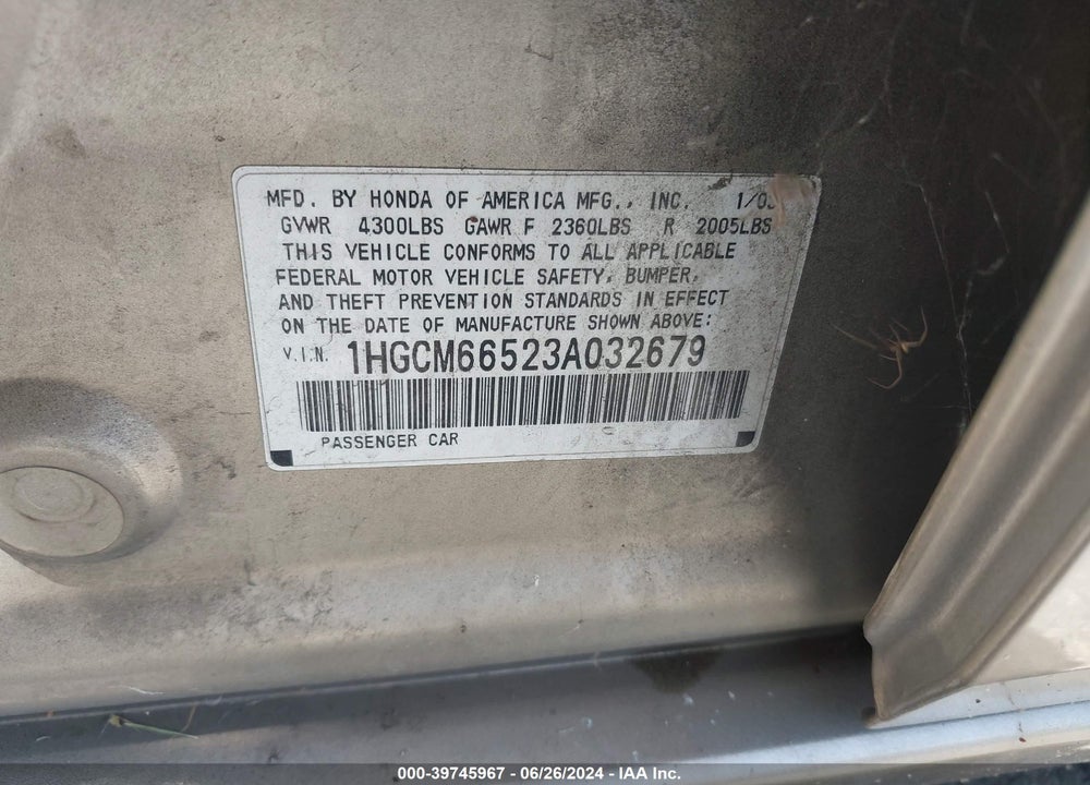 2003 HONDA ACCORD 3.0 EX VIN: 1HGCM66523A032679