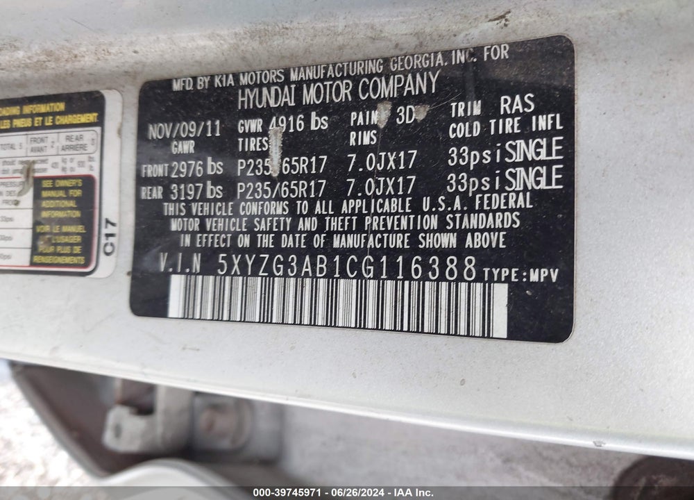 2012 HYUNDAI SANTA FE GLS VIN: 5XYZG3AB1CG116388