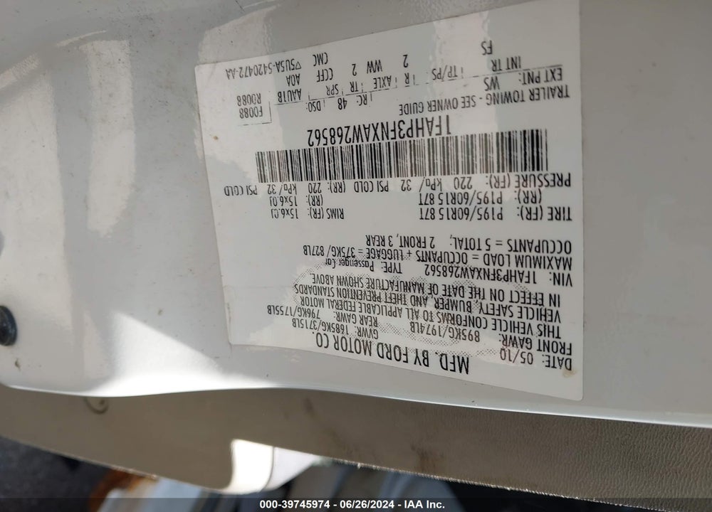 2010 FORD FOCUS SE VIN: 1FAHP3FNXAW268562
