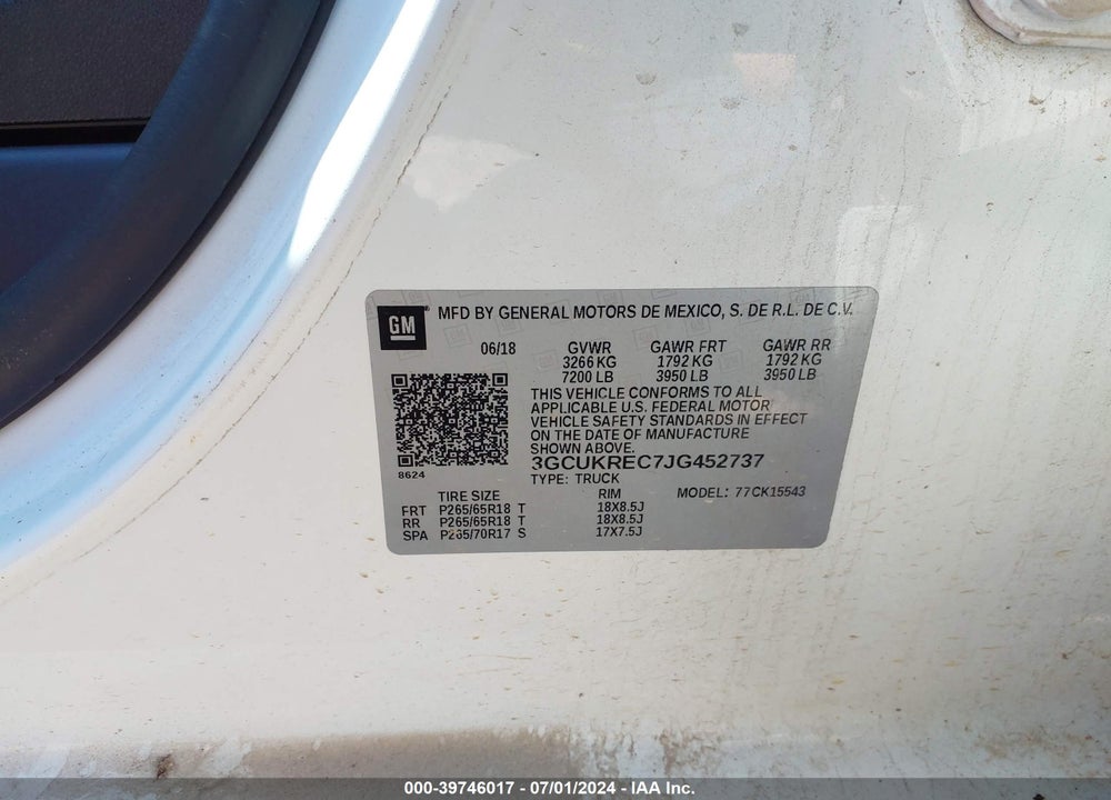 2018 CHEVROLET SILVERADO 1500 1LT VIN: 3GCUKREC7JG452737