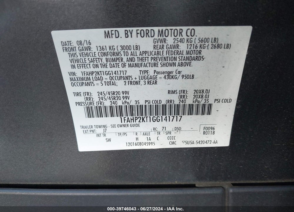 2016 FORD TAURUS SHO VIN: 1FAHP2KT1GG141717