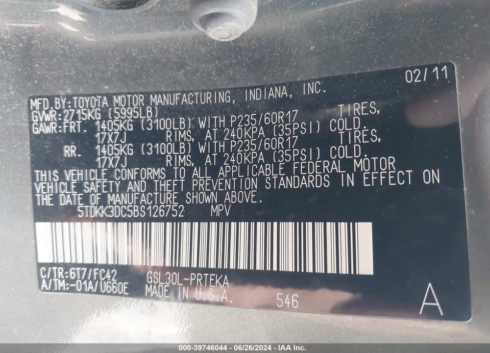 2011 TOYOTA SIENNA LE V6 VIN: 5TDKK3DC5BS126752