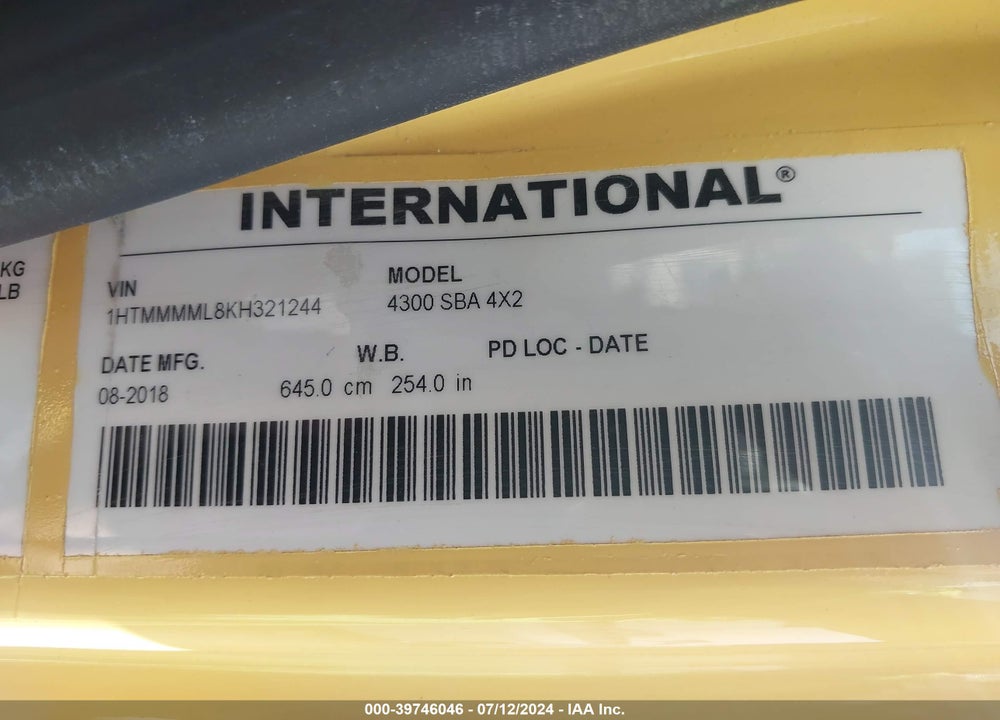 2019 INTERNATIONAL DURASTAR 4300 VIN: 1HTMMMML8KH321244