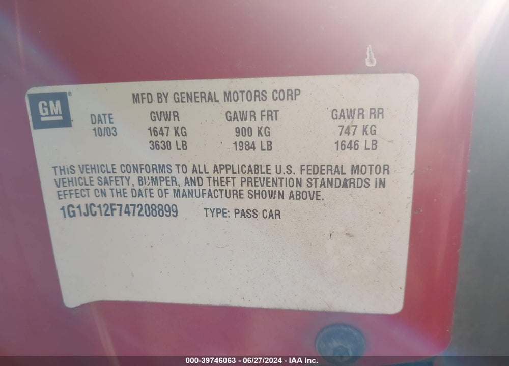 2004 CHEVROLET CAVALIER VIN: 1G1JC12F747208899