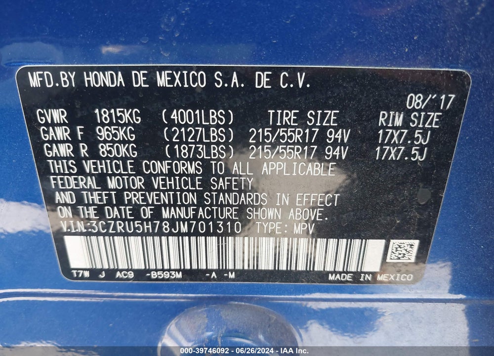 2018 HONDA HR-V EX-L VIN: 3CZRU5H78JM701310