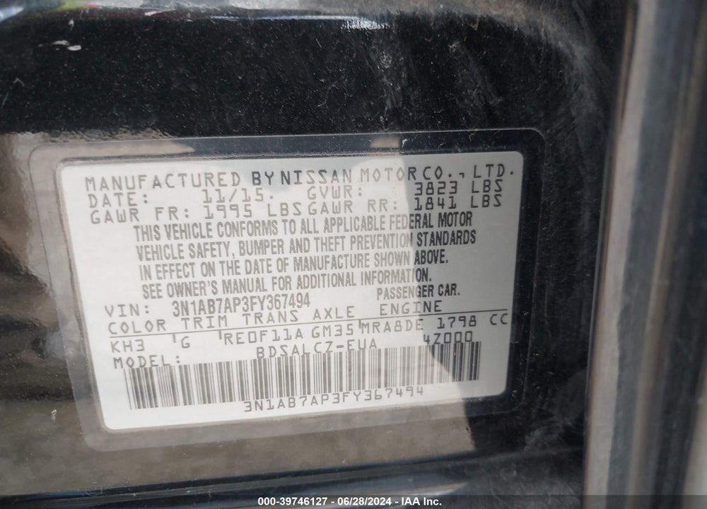 2015 NISSAN SENTRA S VIN: 3N1AB7AP3FY367494