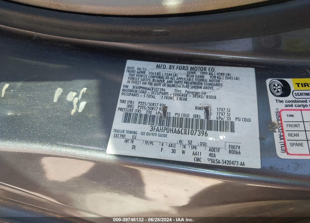 2012 FORD FUSION SE VIN: 3FAHP0HA6CR107396
