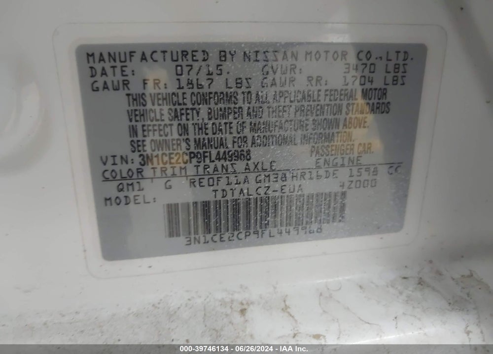2015 NISSAN VERSA NOTE S PLUS VIN: 3N1CE2CP9FL449968