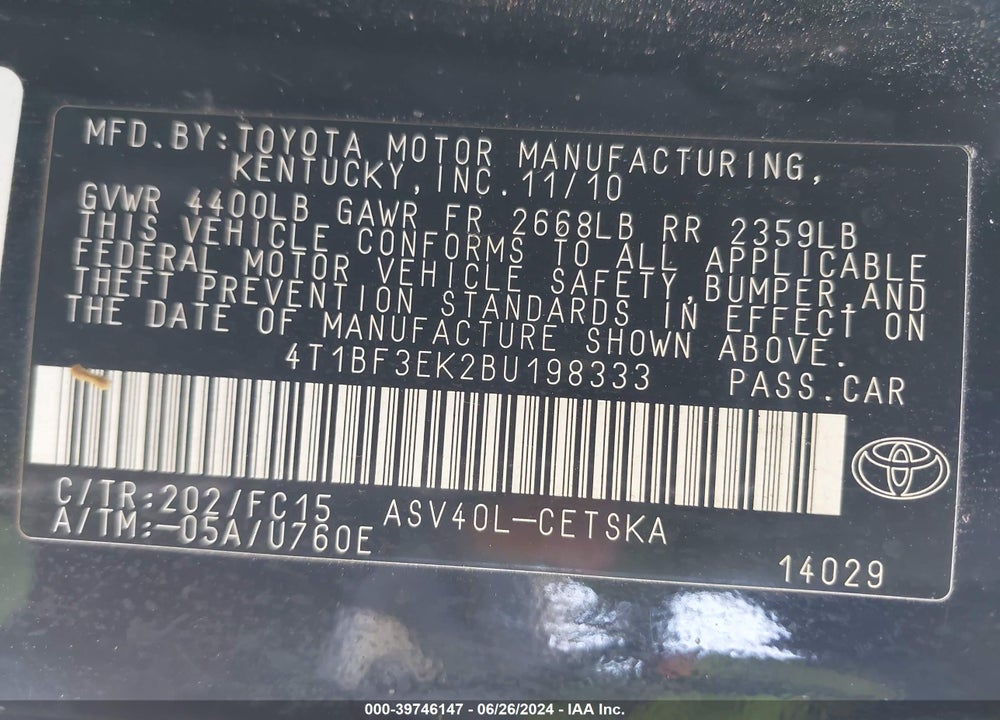 2011 TOYOTA CAMRY SE VIN: 4T1BF3EK2BU198333