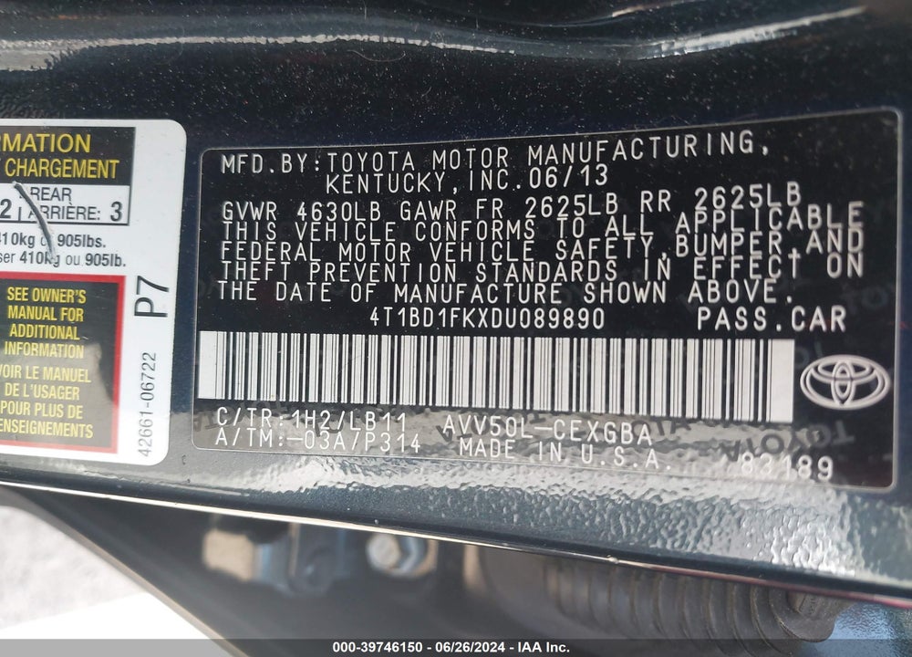 2013 TOYOTA CAMRY HYBRID XLE VIN: 4T1BD1FKXDU089890
