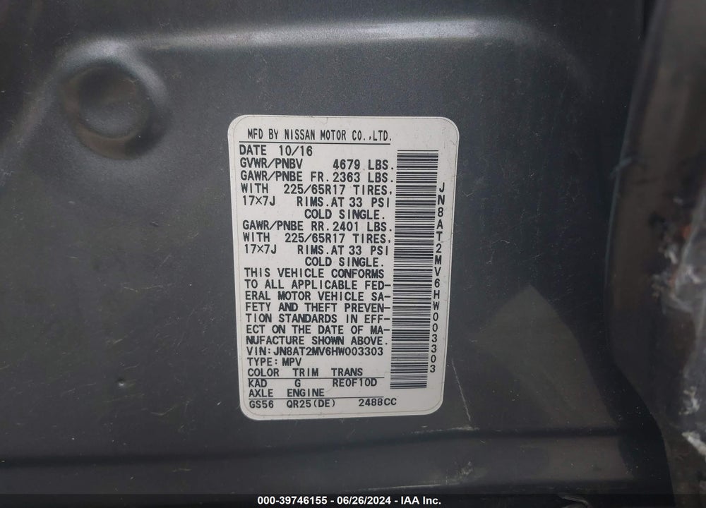 2017 NISSAN ROGUE S VIN: JN8AT2MV6HW003303