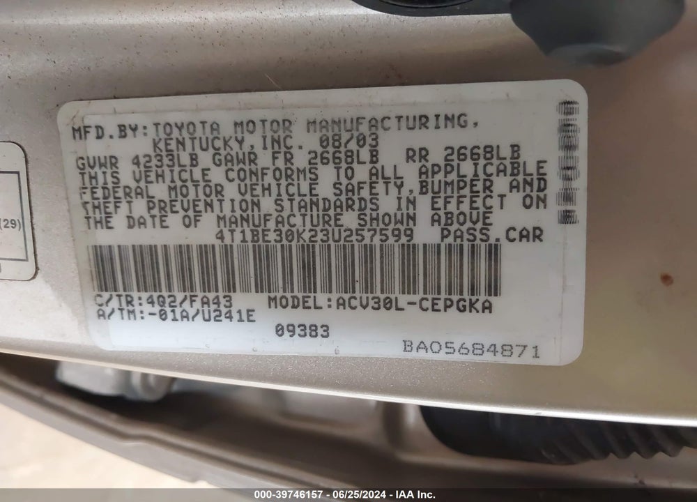 2003 TOYOTA CAMRY XLE VIN: 4T1BE30K23U257599