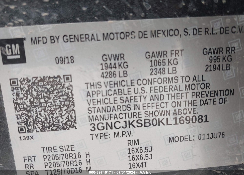 2019 CHEVROLET TRAX VIN: 3GNCJKSB0KL169081
