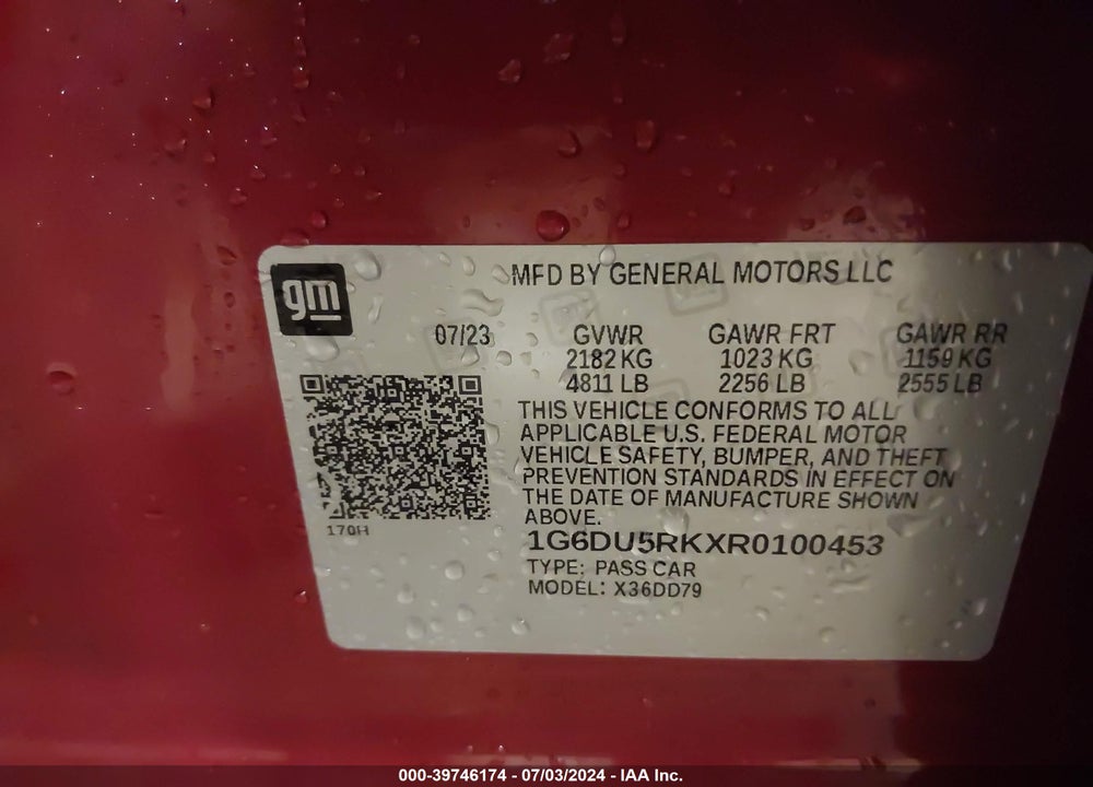 2024 CADILLAC CT5 SPORT VIN: 1G6DU5RKXR0100453