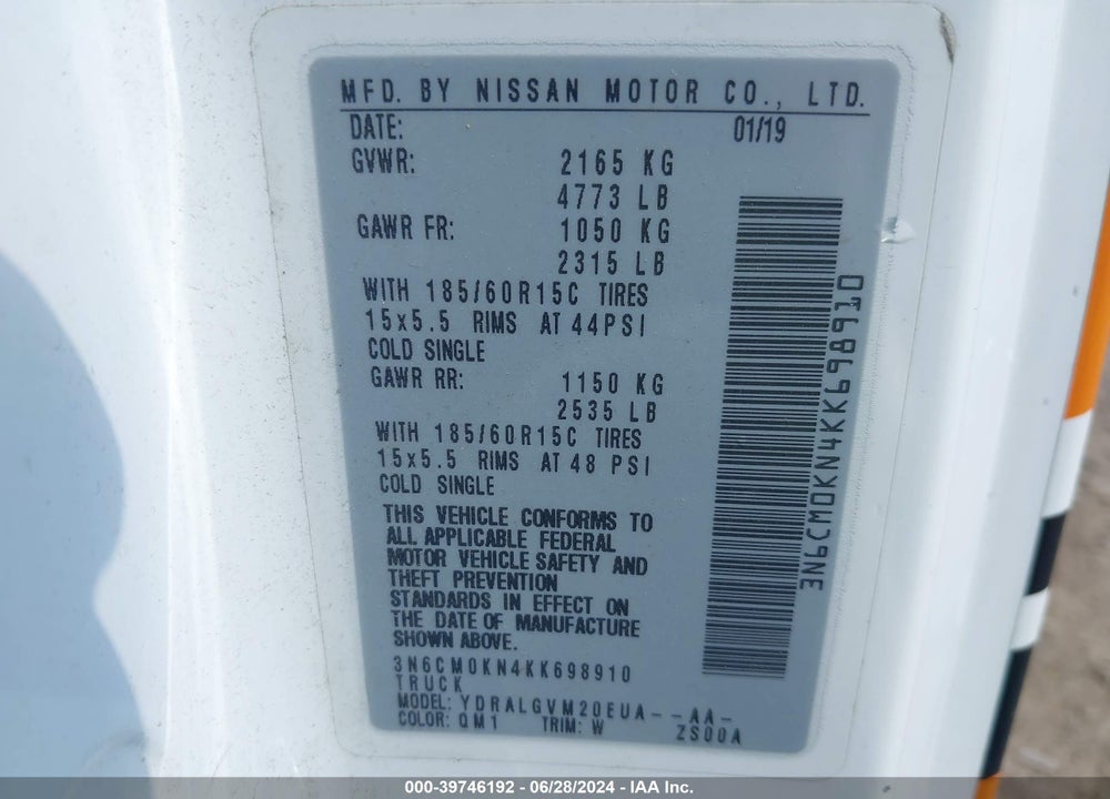 2019 NISSAN NV200 SV VIN: 3N6CM0KN4KK698910