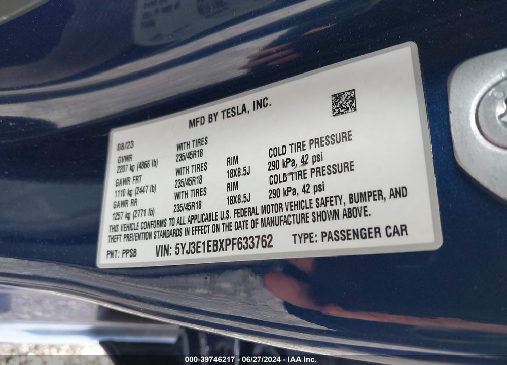2023 TESLA MODEL 3 LONG RANGE DUAL MOTOR ALL-WHEEL DRIVE VIN: 5YJ3E1EBXPF633762